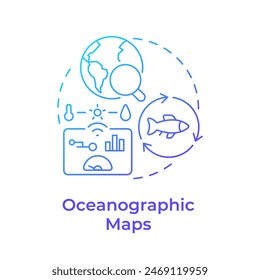 Icono de concepto de gradiente azul de mapas oceanográficos. Datos de Clima, estadísticas. Herramienta de monitorización. Ilustración de línea de forma redonda. Abstractas idea. Diseño gráfico. Fácil de usar en infografía, presentación