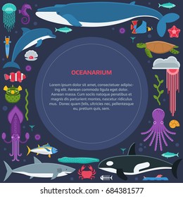 Oceanographic text frame with sea animals and fishes stylized in circle. Ocean and marine creatures and other aquatic life background with space for text. Oceanarium card or certificate template.
