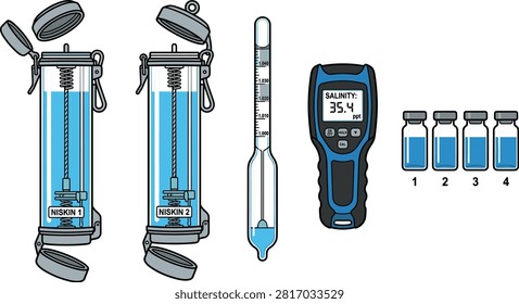 Oceanographic Water Sampling and Salinity Measurement Vector Set with Niskin Bottles Hydrometer Digital Salinity Meter and Sample Vials.eps