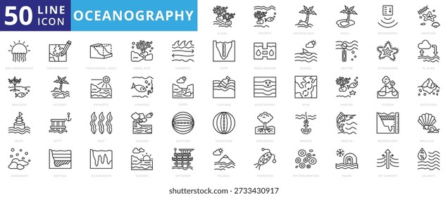 oceanography icon outline pack contains abyssal, mesopelagic, marlin, algae, mangrove, aquatic, cartography, flotsam, geostrophic, gyre, habitat, iceberg, intertidal, jetty, fishing, echinoderm