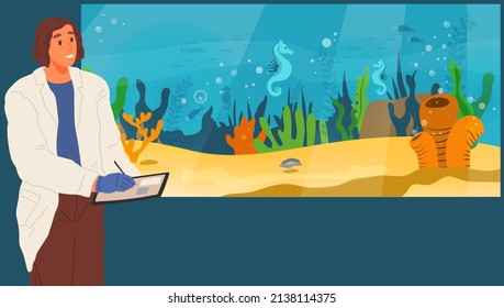 Oceanography science, practical studying of oceans and seas. Scientist in aquarium studies underwater world. Man analyzes marine life representatives, corals. Analysis of aquatic flora and fauna