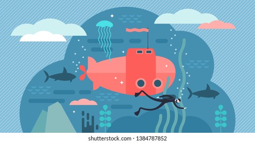 Oceanography vector illustration. Flat tiny water life study person concept. Science about underwater wildlife. Ocean and sea research for fish and fauna creatures. Submarine and scuba biological work