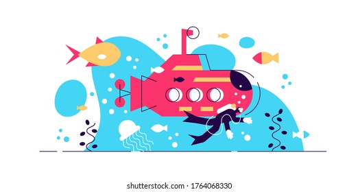 Oceanography vector illustration. Flat tiny water life study person concept. Science about underwater wildlife. Ocean and sea research for fish and fauna creatures. Submarine and scuba biological work