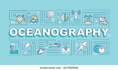 Oceanography Word Concepts Banner. Underwater Research With Ship. Ocean Ecosystem. Infographics With Linear Icons On Turquoise Background. Isolated Typography. Vector Outline RGB Color Illustration