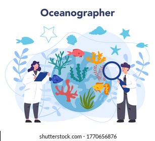 Oceanologist concept. Oceanography scientist. Practical studying all aspects of the world's oceans and seas, including their physical and chemical structure. Isolated vector illustration