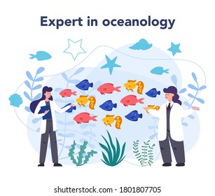 Oceanologist concept. Oceanography scientist. Practical studying all aspects of the world's oceans and seas, including their physical and chemical structure. Isolated vector illustration