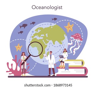 Oceanologist concept. Oceanography scientist. Practical studying and exploration of the world's oceans and seas, including their physical and chemical structure. Isolated vector illustration