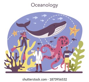 Oceanologist concept. Oceanography scientist. Practical studying and exploration of the world's oceans and seas, including their physical and chemical structure. Isolated vector illustration