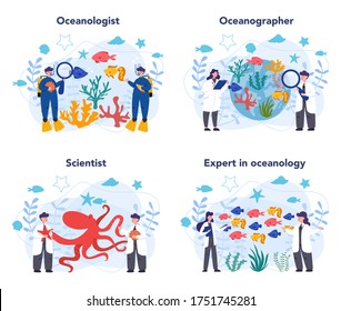 Oceanologist concept set. Oceanography scientist. Practical studying all aspects of the world's oceans and seas, including their physical and chemical structure. Isolated vector illustration