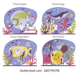 Oceanologist concept set. Oceanography scientist. Practical studying and exploration of the world's oceans and seas, including their physical and chemical structure. Isolated vector illustration