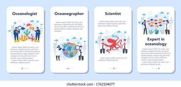 Oceanologist mobile application banner set. Oceanography scientist. Practical studying all aspects of the world's oceans and seas. Isolated vector illustration