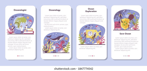 Oceanologist mobile application banner set. Oceanography scientist. Practical studying and exploration of the world's oceans and seas. Isolated vector illustration