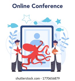 Oceanologist online service or platform. Practical studying all aspects of the world's ocean. Online conference. Isolated vector illustration