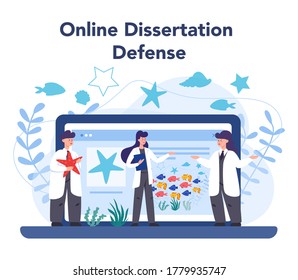 Oceanologist online service or platform. Practical studying all aspects of the world's ocean. Online dessertation defense . Isolated vector illustration