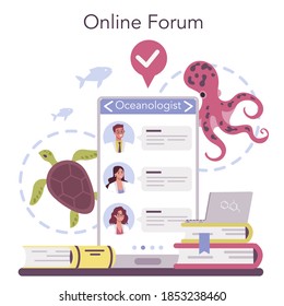 Oceanologist online service or platform. Practical studying and exploration of the world's ocean. Online forum. Isolated vector illustration