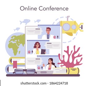 Oceanologist online service or platform. Practical studying and exploration of the world's ocean. Online conference. Isolated vector illustration