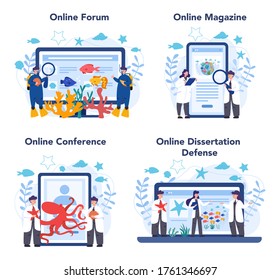 Oceanologist online service or platform set. Practical studying all aspects of the world's ocean. Online forum, magazine, dessertation defense and conference. Isolated vector illustration