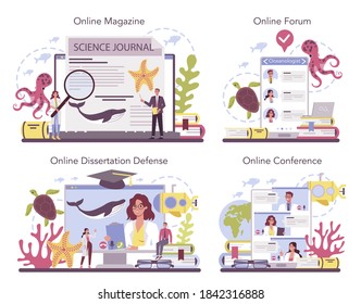 Oceanologist online service or platform set. Practical studying and exploration of the world's ocean. Online forum, magazine, conference, dessertation defense. Isolated vector illustration