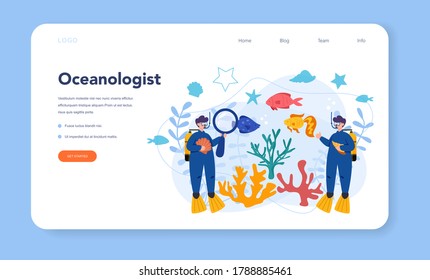 Oceanologist web banner or landing page. Oceanography scientist. Practical studying all aspects of the world's oceans and seas. Isolated vector illustration