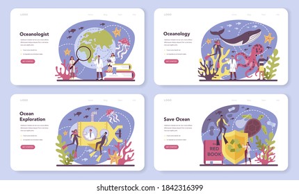 Oceanologist web banner or landing page set. Oceanography scientist. Practical studying and exploration of the world's oceans and seas. Isolated vector illustration