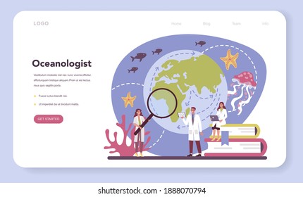 Oceanologist web banner or landing page. Oceanography scientist. Practical studying and exploration of the world's oceans and seas. Isolated vector illustration