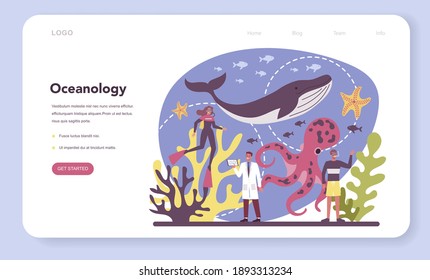 Oceanologist web banner or landing page. Oceanography scientist. Practical studying and exploration of the world's oceans and seas. Isolated vector illustration