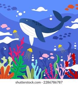 Oceans colorful design with underwater ocean, Whale, coral, sea plants, and jellyfish