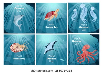 Oceans Day greeting card set. Underwater animals. Shark, nautilus, stingray, turtle, octopus, jellyfish. Banner, social media post template. Sea background with sea ​​turtle. 