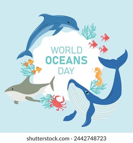 Día de los Océanos. Dibujado a mano ilustración vectorial de los océanos animales y peces estaban nadando bajo el agua