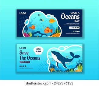 Oceans Day Horizontal Banner Flat Cartoon Hand Drawn Templates Background Illustration