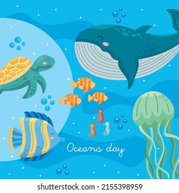 oceans day lettering poster with sealife