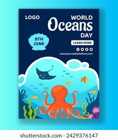 Oceans Day Vertical Poster Flat Cartoon Hand Drawn Templates Background Illustration