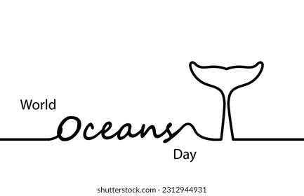 Oceans day world linear whale tail, vector art illustration.