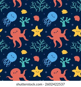Oceans Seamless Pattern Design Featuring Ocean Decorative Elements in a Cartoon Flat Style Template Illustration