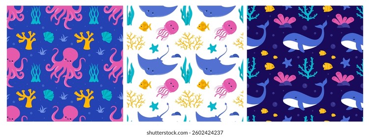 Oceans Seamless Pattern Design Featuring Ocean Decorative Elements in a Cartoon Flat Style Template Illustration