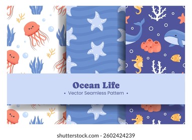 Oceans Seamless Pattern Design Featuring Ocean Decorative Elements in a Cartoon Flat Style Template Illustration