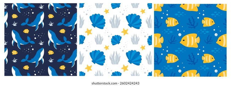 Oceans Seamless Pattern Design Featuring Ocean Decorative Elements in a Cartoon Flat Style Template Illustration