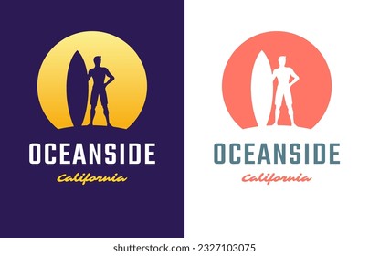 Oceanside California man surfer with surfboard silhouette vintage t shirt print poster design set vector flat illustration. Extreme sport surfing leisure activity ocean freedom sunset fashion emblem