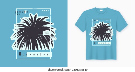 Oceanside. Stylish graphic tee design, poster, print with palm tree. Vector illustration.