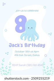 Ocean-themed eighth birthday celebration invite. Adorable marine postcard with a happy blue octopus in soft colors