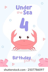 Ocean-themed kids' birthday invite. Charming fourth birthday greeting card featuring a red crab and light-colored pink corals