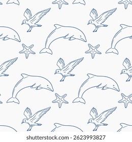 Ocean-themed pattern featuring dolphins, starfish, and seabirds in a playful design