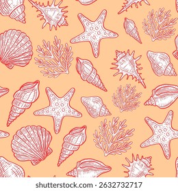 Ocean-themed seamless vector with intricate seashells, starfish, and botanical marine elements hand-drawn on a light pastel background.