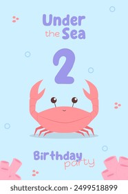 Ocean-themed second birthday card for kids. Adorable invitation with a red crab and pink corals in shades of blue and purple. Marine life design for children's party