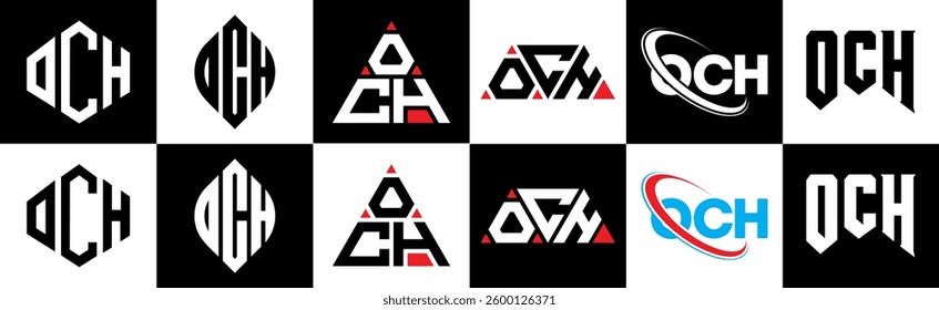 OCH letter logo design in six style. OCH polygon, circle, triangle, hexagon, flat and simple style with black and white color variation letter logo set in one artboard. OCH minimalist and classic logo