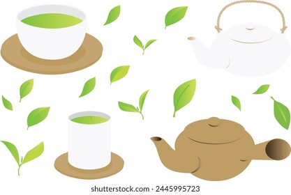 
Tetera de cerámica ocre y taza de té verde material de ilustración