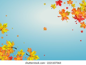 Ocher Foliage Background Blue Vector. Floral Forest Illustration. Orange Design Plant. Shape Leaves Design.