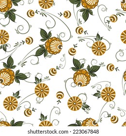 Ocher Gorodets seamless pattern. Russian traditional ornament