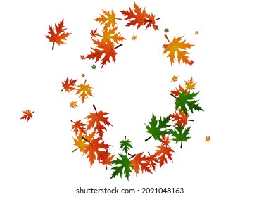 Ocher Leaves Background White Vector. Floral Single Template. Colorful Canada. Logo Frame. Green Foliage Autumn.