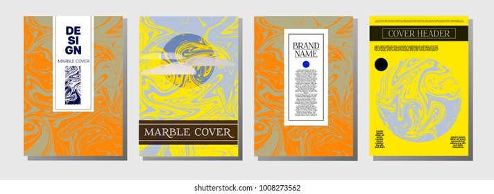 Ocher Marble Ink Texture Cover Set. Liquid Oil Paint A4 Vector Trendy Magazine Design. Ebru Ink Wash Hipster Modern Package Background Futuristic Corporate Identity Marble Ink Texture Cover.